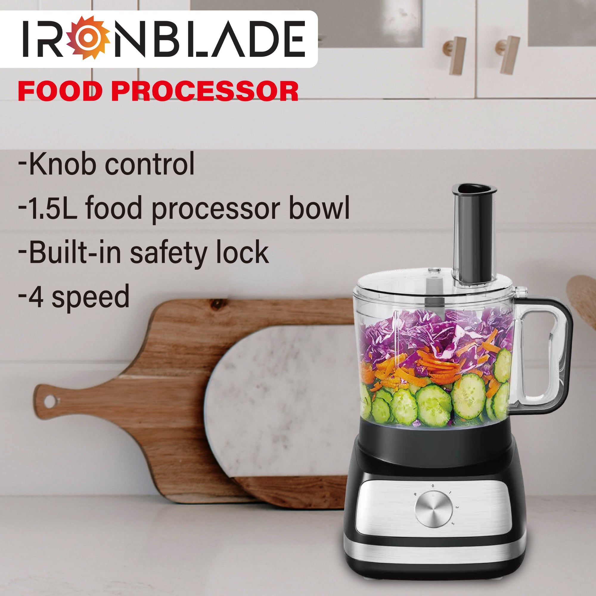 IronBlade Multi-Functional 5-in-1 Food Processor, 1.5L Bowl, 4-Speed Control, Slicing, Shredding, Chopping, and Kneading IronBlade Multi-Functional 5-in-1 Food Processor, 1.5L Bowl, 4-Speed Control, Slicing, Shredding, Chopping, and Kneading
